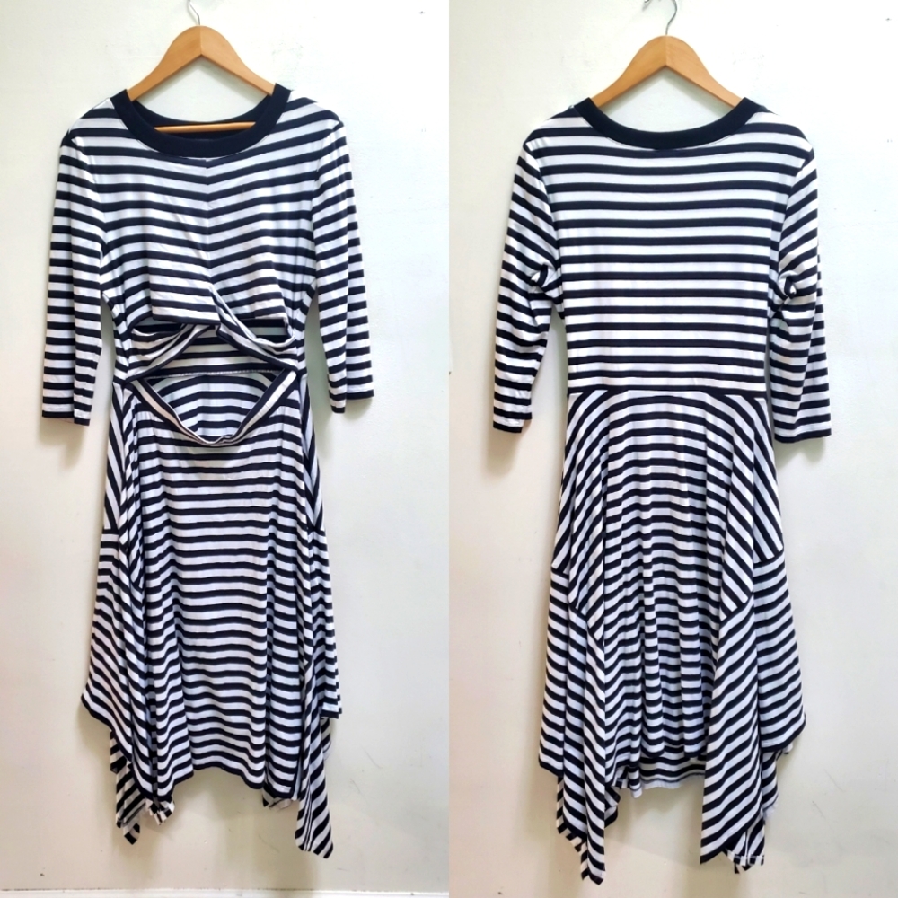 DKNY Nautical Striped Cutout Dress Monochromatic Stripes Black White Size L
